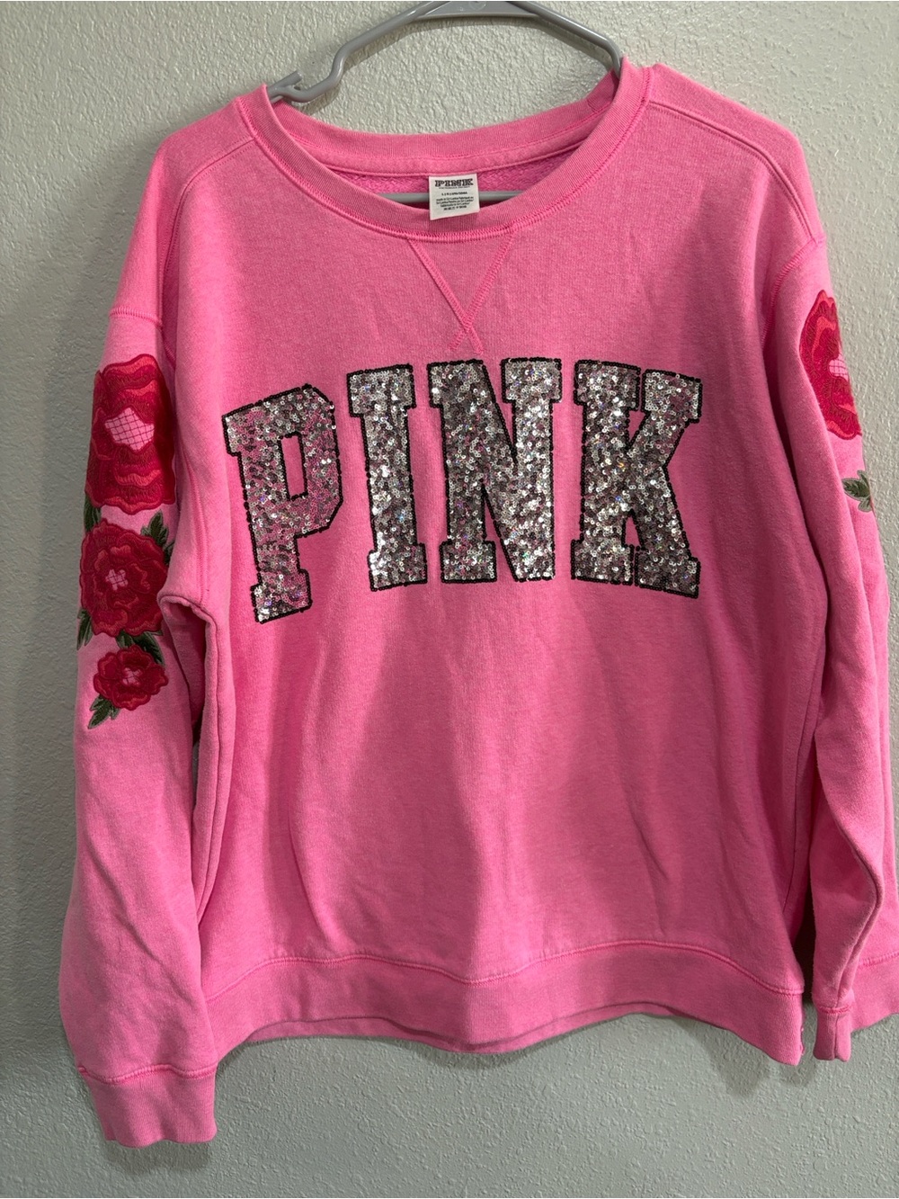 PINK Victoria's Secret Sequin Logo Pink Floral Sleeve Sweatshirt
